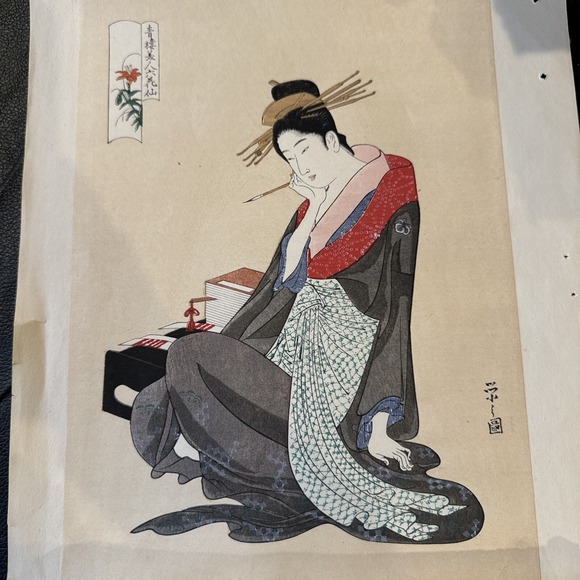 Antique Japanese Wood Block Eishi Hosodo Bijin-Ga Print W/ Tissue Paper Info HTF
